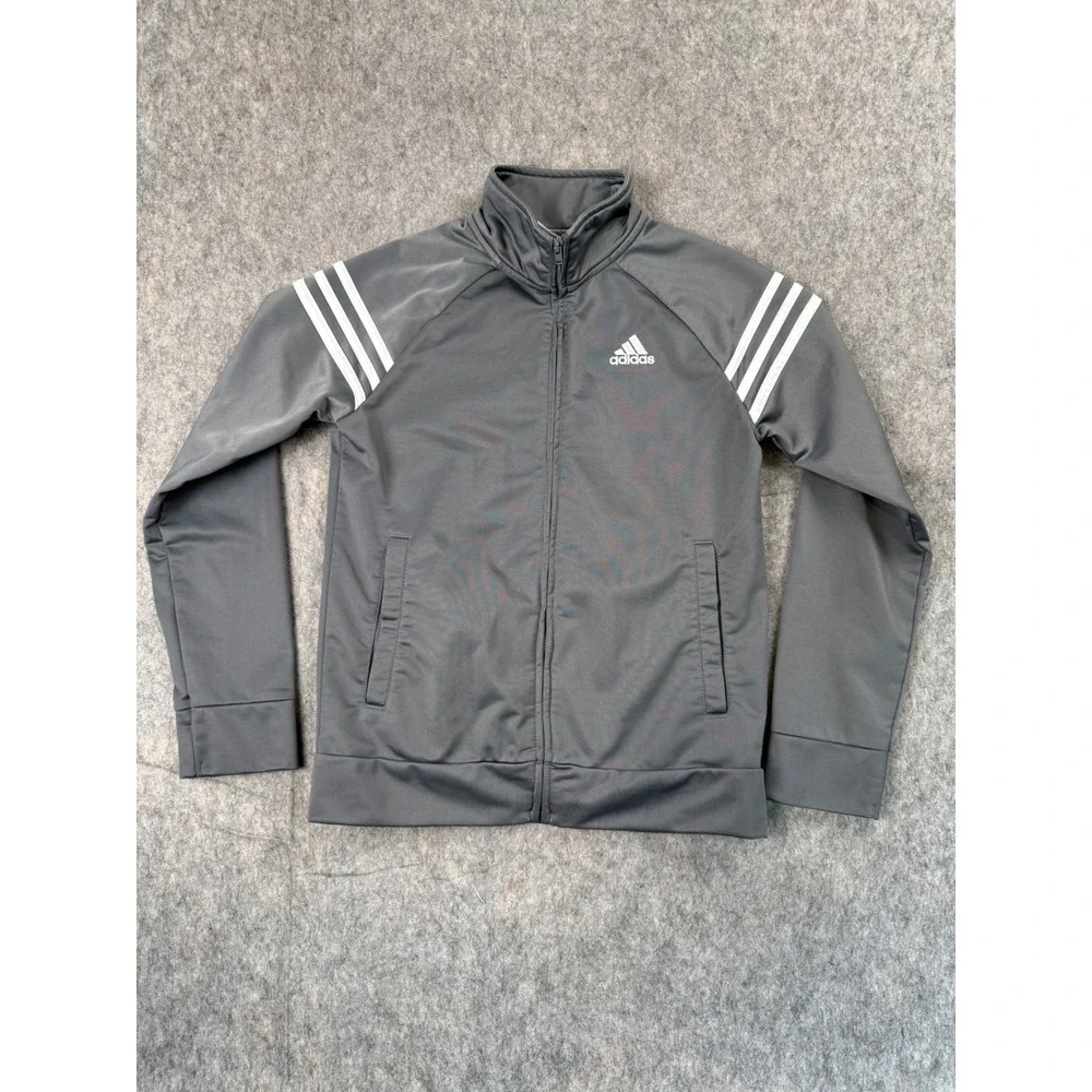 Adidas Kids Gray Track Jacket Full Zip 3-Stripe Performance Size M‎ 10/12